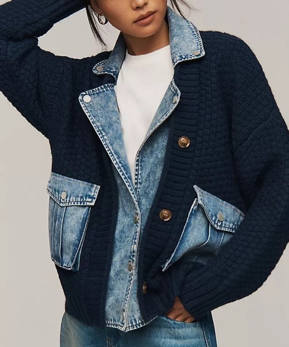 BLANK NYC Chunky Knit Denim Sweater Jacket Womens S Trucker Indie 90s Scandi
